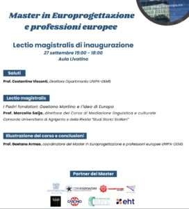 <h3>“EVENTO DI INAUGURAZIONE DEL MASTER IN EUROPROGETTAZIONE E PROFESSIONI EUROPEE UNIPA”</h3>